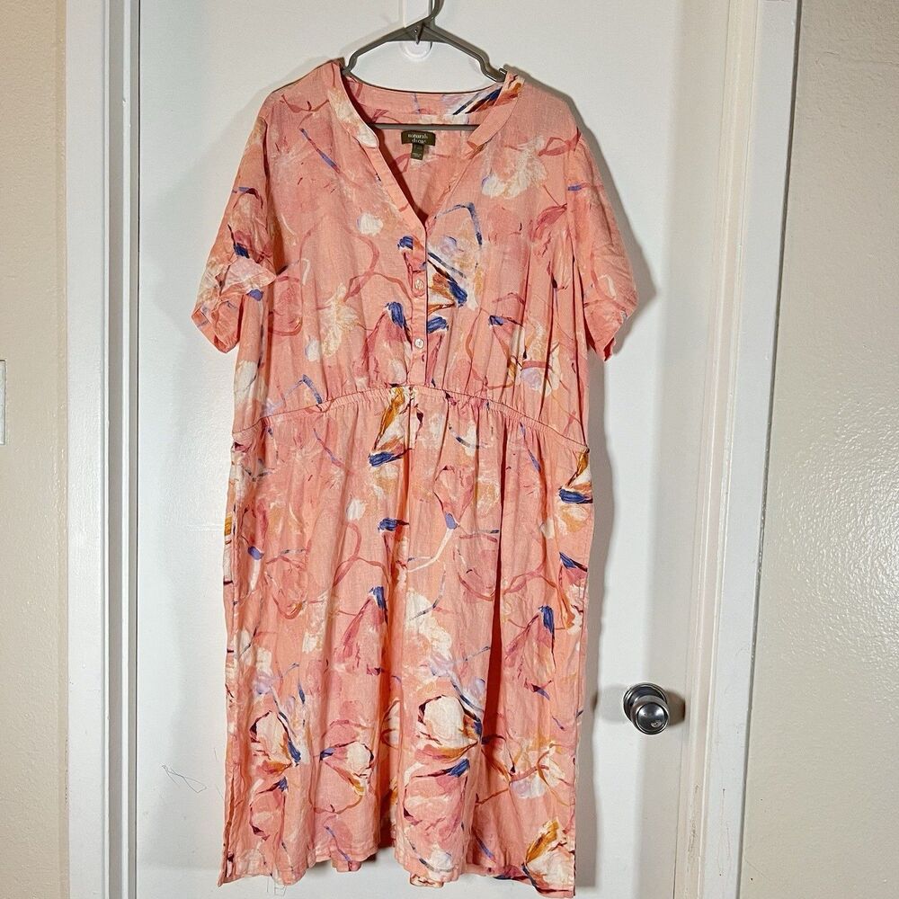 Womens Dress-NATURALS by D & CO Pink linen Blend W/Pockets midi Sz 2XP